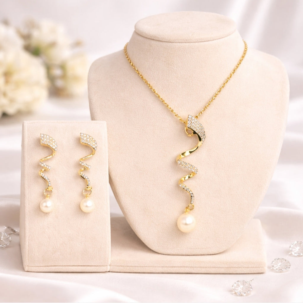 Classic Imitation Pearl Gold Color Jewelry Set Elegant Party Wear | AW